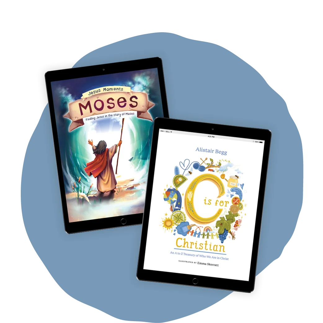 Graphic featuring a couple of tablets with children's book illustrations
