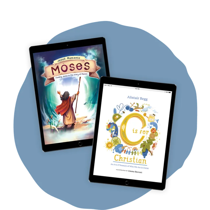 Graphic featuring a couple of tablets with children's book illustrations