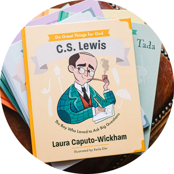 C.S. Lewis on a stack of other books from the Do Great Things for God storybooks