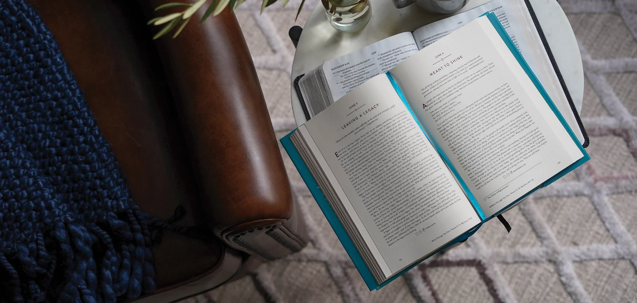 Photograph of an open devotional on a table