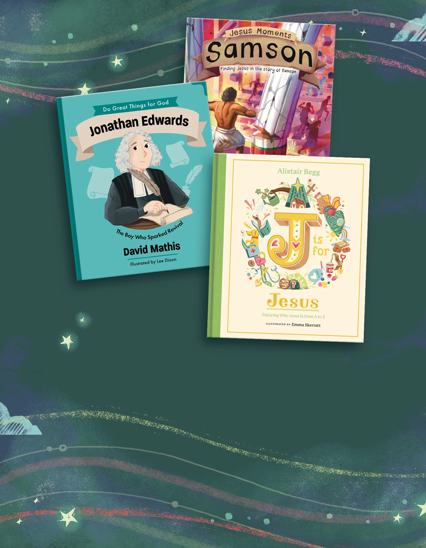Graphic featuring several storybooks, such as J is for Jesus